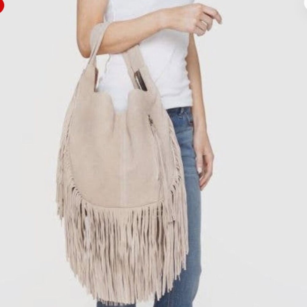 Johnny Was Elodie Plain Bag Boho‎ Gray Suede Leather  fringe colorful side NwOT